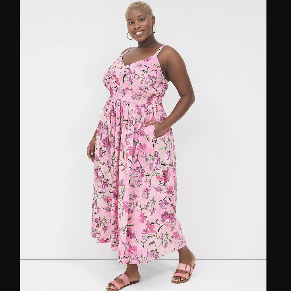 Lane Bryant Pink Floral V-Neck Ruched-Waist Maxi Dress Women's Size 20